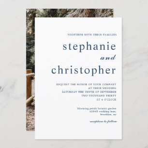 Simple Minimalist Modern Blue Script Photo Wedding Invitation