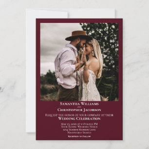 Simple Minimalist Modern Burgundy Photo Wedding Invitation