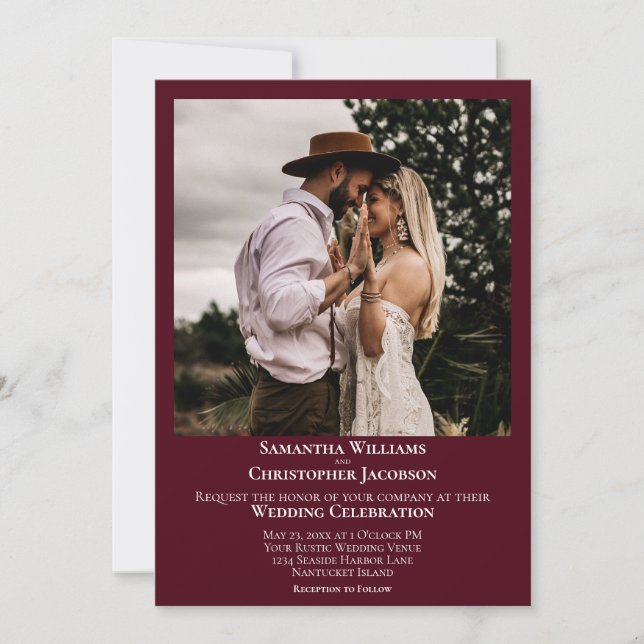 Simple Minimalist Modern Burgundy Photo Wedding Invitation (Front)