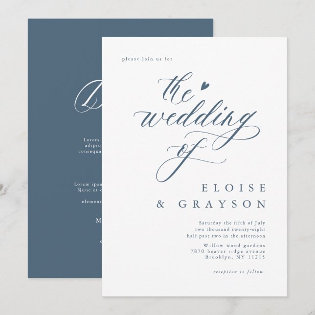Simple Minimalist Modern Dusty Blue Detail Wedding Invitation (Front/Back)