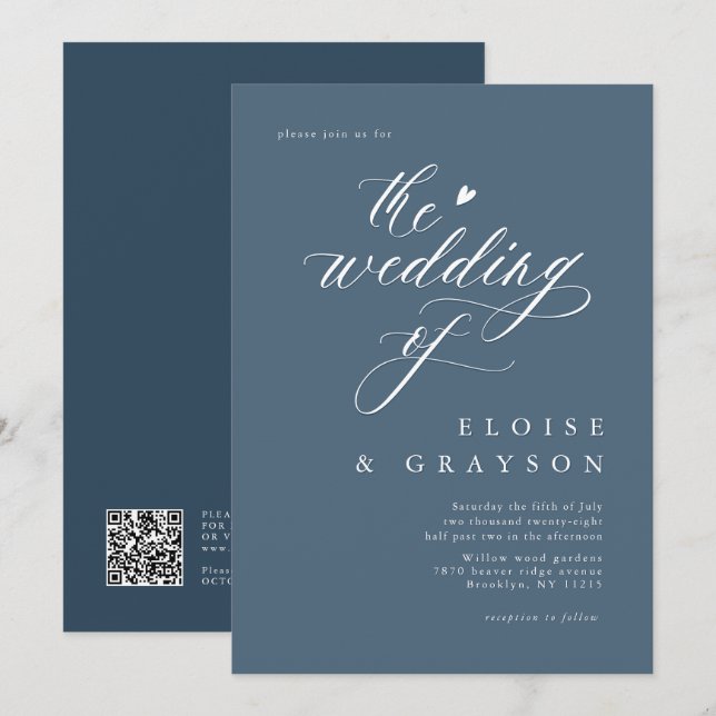 Simple Minimalist Modern Dusty Blue  Wedding Invitation (Front/Back)