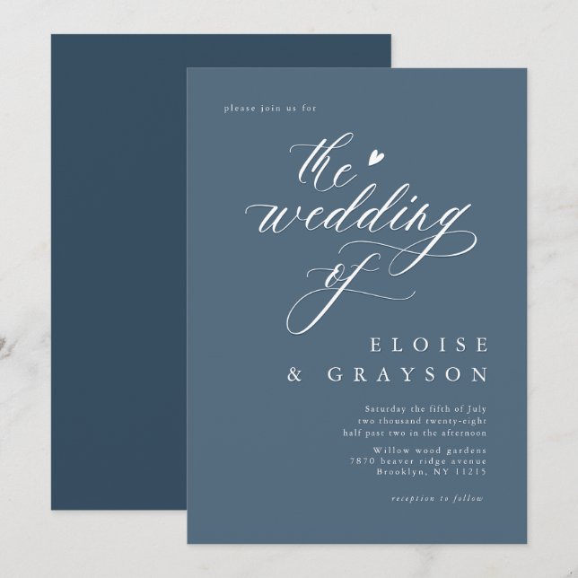 Simple Minimalist Modern Dusty Blue  Wedding Invitation (Front/Back)