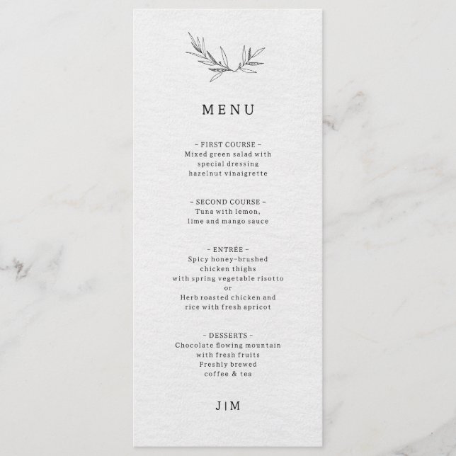Simple Minimalist Modern Eucalyptus Olive Wedding  Menu (Front)
