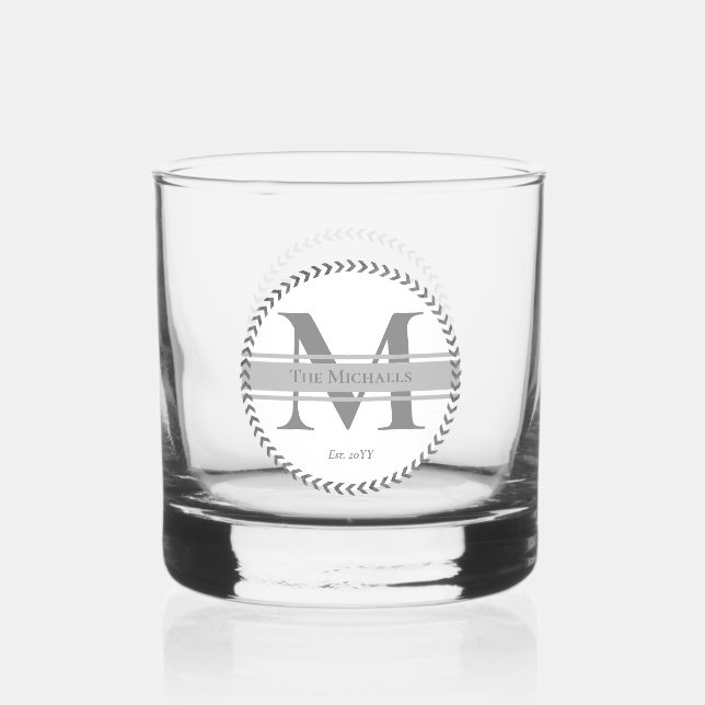 Simple Minimalist Modern Monogram and Family Name Whiskey Glass (Front)