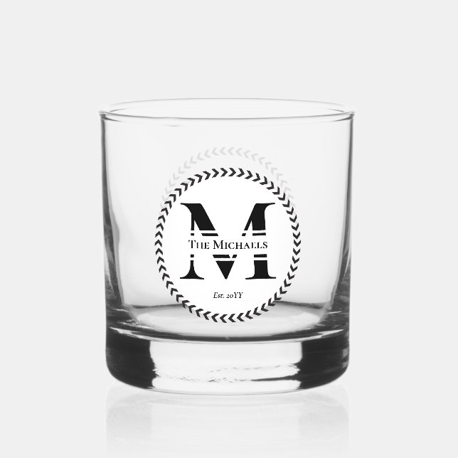 Simple Minimalist Modern Monogram and Family Name Whiskey Glass (Front)