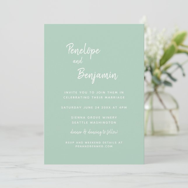 Simple Minimalist Modern Pistachio Green Wedding Invitation (Standing Front)