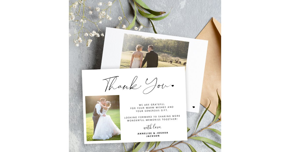 Simple minimalist modern script 2 photos wedding thank you card | Zazzle