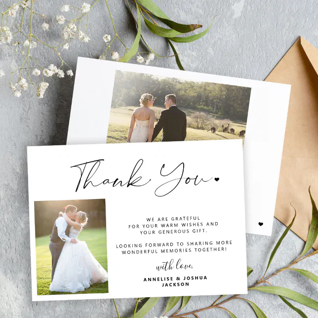 Simple minimalist modern script 2 photos wedding thank you card | Zazzle