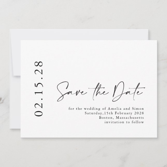 Simple Minimalist Modern Script Font Black White  Save The Date (Front)