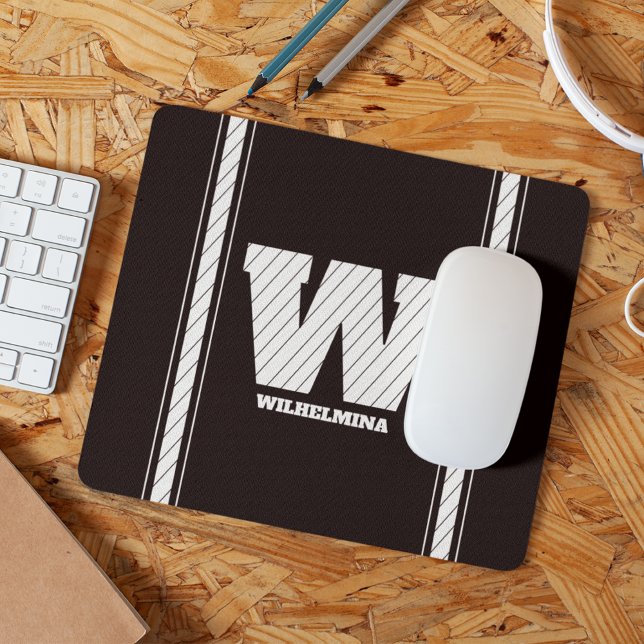 Simple Minimalist Monogram Black & White Striped Mouse Mat (Creator Uploaded)