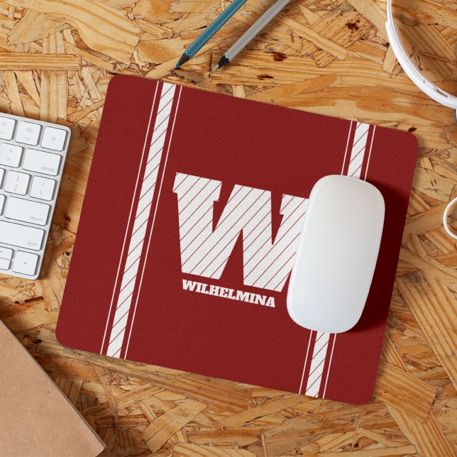 Simple Minimalist Monogram Maroon & White Striped Mouse Mat (Creator Uploaded)