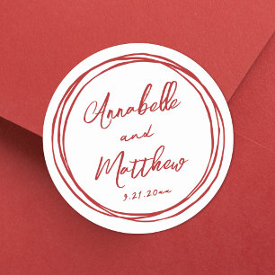 Simple Minimalist Names Red Hand Drawn Wedding Classic Round Sticker