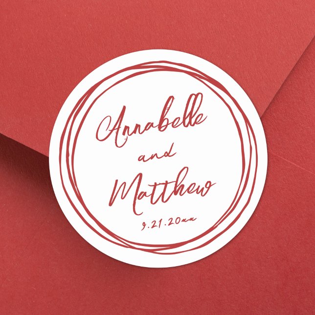 Simple Minimalist Names Red Hand Drawn Wedding Classic Round Sticker (Simple Minimalist Names Red Hand Drawn Wedding Classic Round Sticker)