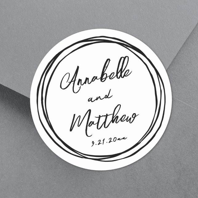 Simple Minimalist Names Red Hand Drawn Wedding Classic Round Sticker (Simple Minimalist Names Red Hand Drawn Wedding Classic Round Sticker)