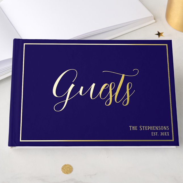 Simple Minimalist Navy Blue Formal Gold Guest Book (Creator Uploaded)