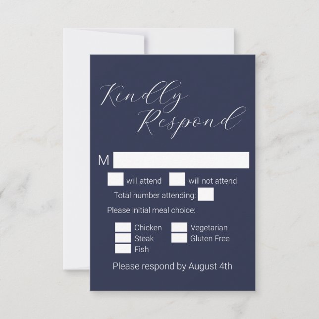 Simple Minimalist Navy Blue Meal Choice Wedding RSVP Card (Front)