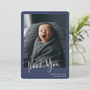 Simple Minimalist Navy Blue Newborn Photo Thank You Card