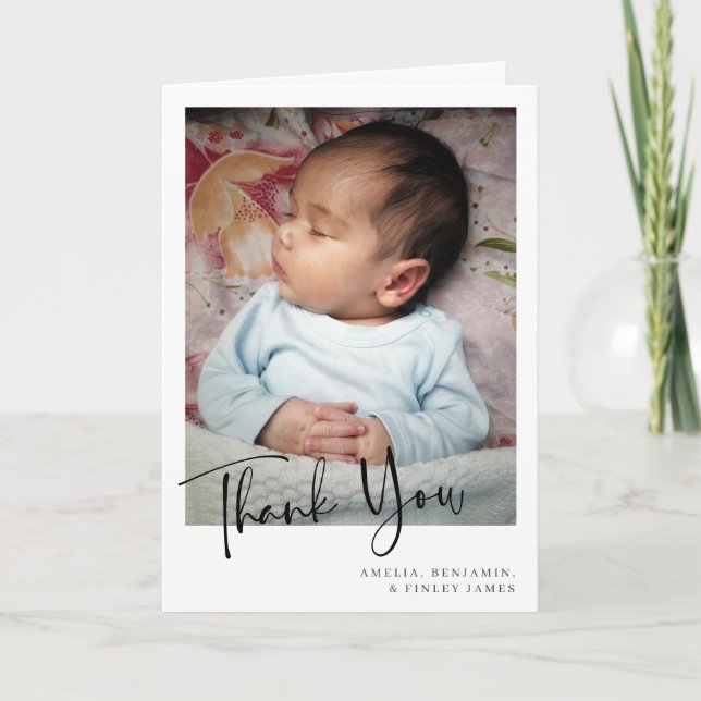 Simple Minimalist Newborn Script Photo Folded Thank You Card (Front)