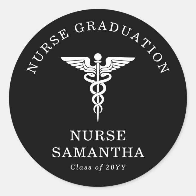 Simple Minimalist Nurse Graduation Caduseus Black  Classic Round Sticker (Front)