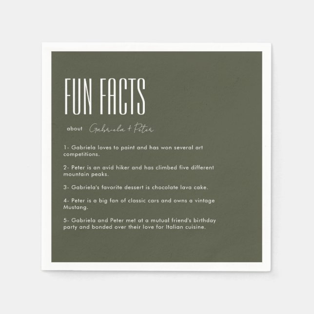 Simple Minimalist Olive Green Fun Facts Wedding Napkin (Front)
