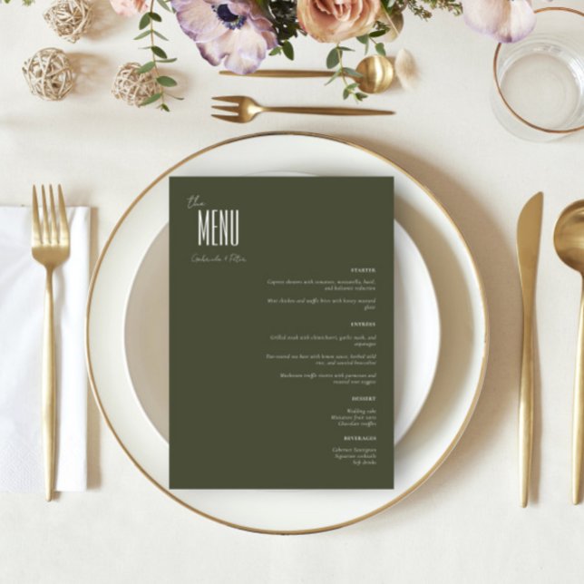 Simple Minimalist Olive Green Modern Wedding Menu (Creator Uploaded)