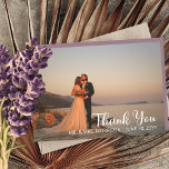 Simple Minimalist One Photo Wedding Thank You<br><div class="desc">Minimalist photo wedding "Thank You" featuring a single large photo on front with names and wedding date and your unique message and signatures on back.  Features a dusky lavender background on back.  Template placeholder photo courtesy Unsplash.  Design by Holiday Hearts Designs.</div>