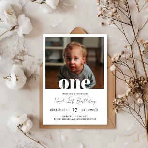 Simple Minimalist One Square Photo First Birthday Invitation