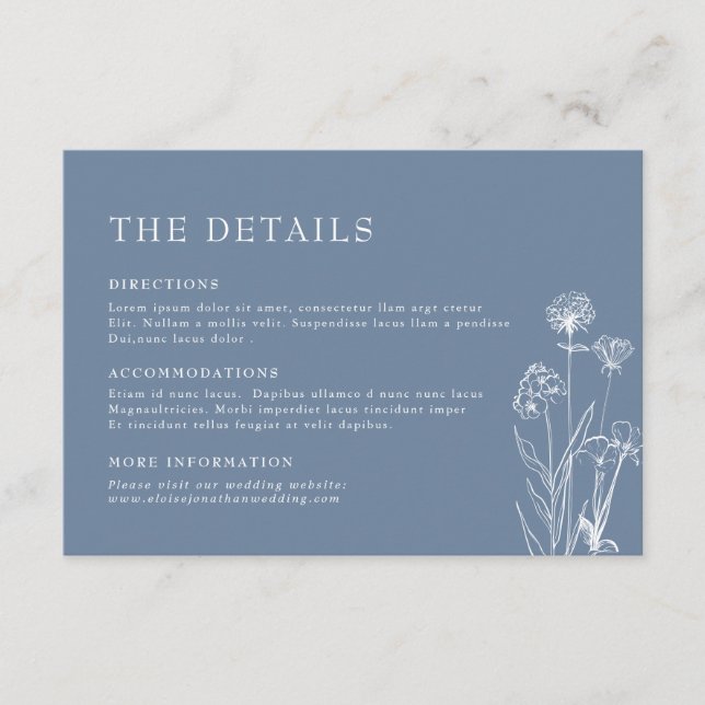 Simple Minimalist Periwinkle Flora Wedding Details Enclosure Card (Front)