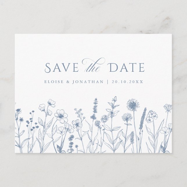 Simple Minimalist Periwinkle Floral Save the Date Postcard (Front)