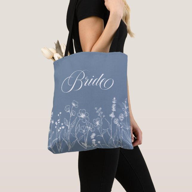 Simple Minimalist Periwinkle Wildflower Bride Tote Bag (Close Up)
