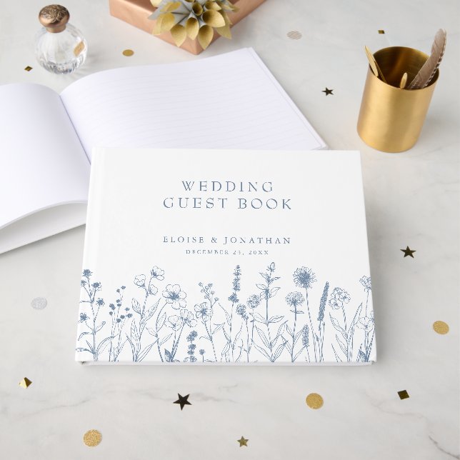 Simple Minimalist Periwinkle Wildflower Wedding Guest Book (Front Open)