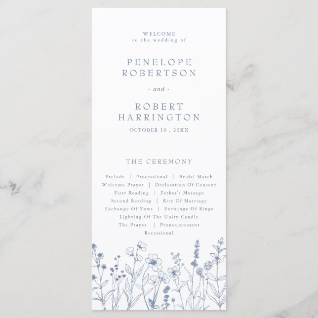 Simple Minimalist Periwinkle Wildflower Wedding Programme (Front)