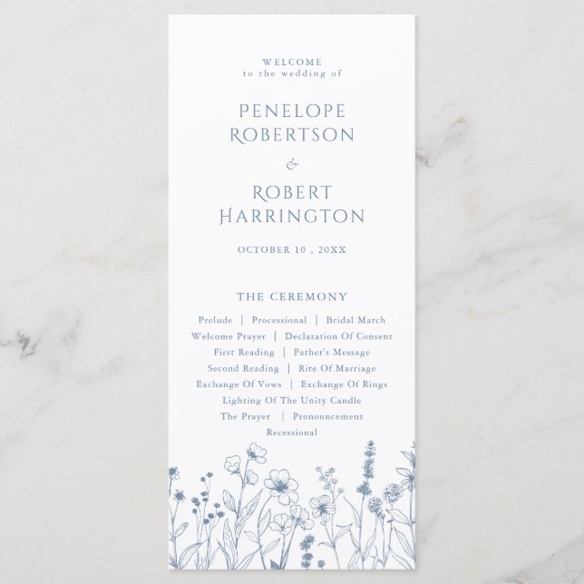 Simple Minimalist Periwinkle Wildflower Wedding Programme (Front)