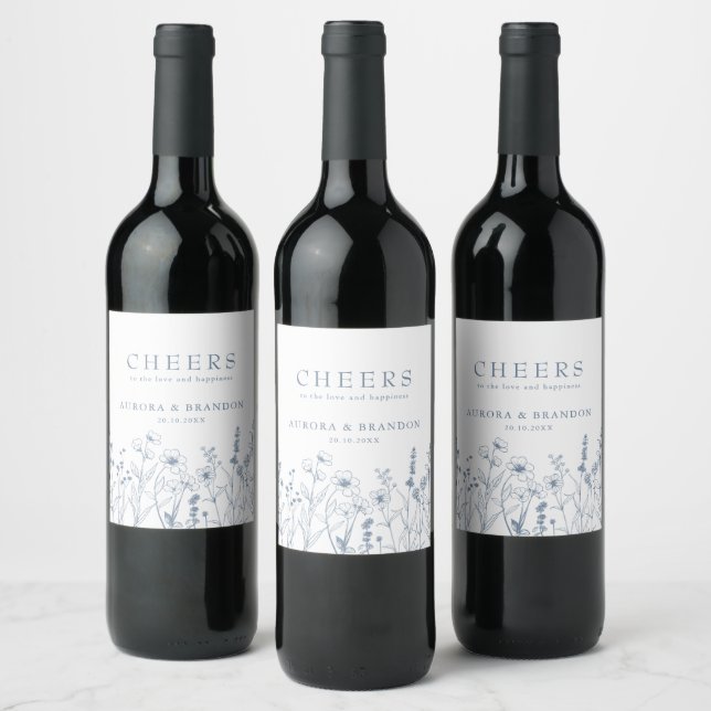 Simple Minimalist Periwinkle Wildflower Wedding Wine Label (Bottles)