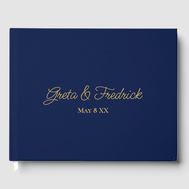 Simple Minimalist Personalised Navy Blue Gold Guest Book (Front)