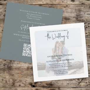 Simple Minimalist Photo Dusty Blue QR Code RSVP Invitation