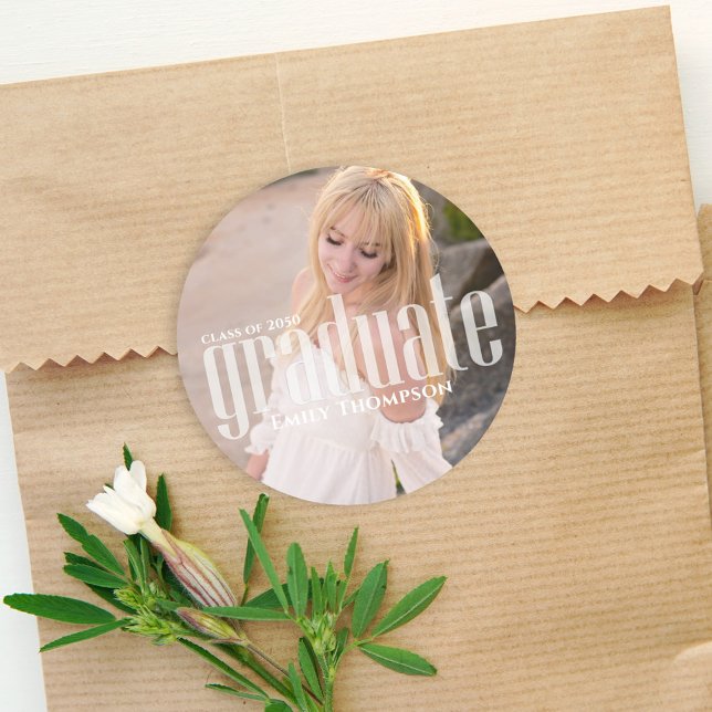 Simple Minimalist Photo Graduation Favor Thank You Classic Round Sticker (Creator Uploaded)