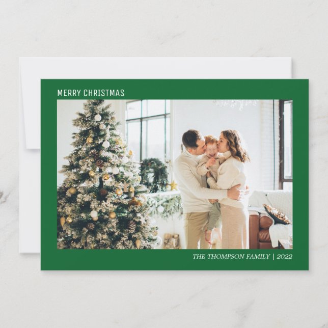 Simple Minimalist Photo Green Christmas Holiday Card (Front)