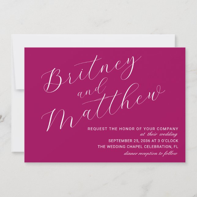 Simple Minimalist Photo Magenta Script Wedding Invitation (Front)
