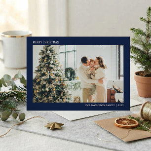 Simple Minimalist Photo Navy Blue Christmas Holiday Card