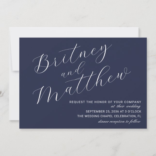 Simple Minimalist Photo Navy Blue Script Wedding Invitation (Front)