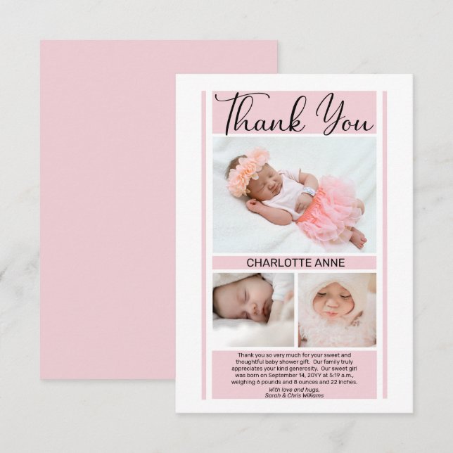 Simple Minimalist Pink Baby Shower Girl Thank You (Front/Back)