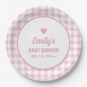 Simple Minimalist Pink Gingham Girl Baby Shower Paper Plate