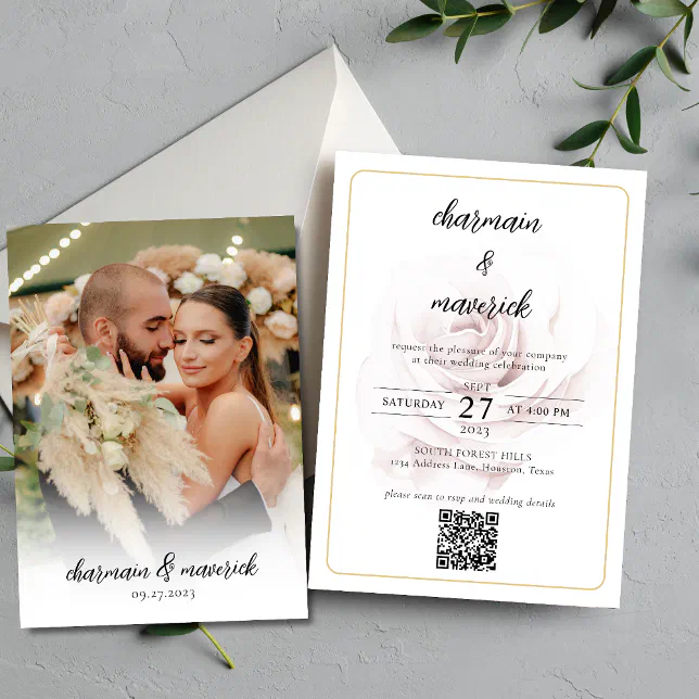Simple Minimalist Pink Rose QR code Photo Wedding Invitation | Zazzle