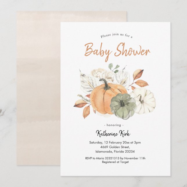 Simple Minimalist Pumpkin Floral Baby Shower Invitation (Front/Back)