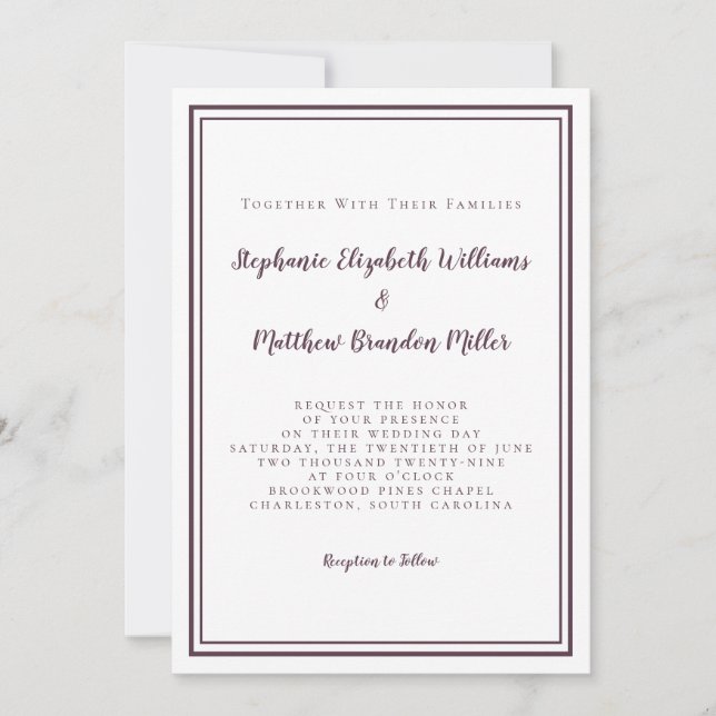 Simple Minimalist Purple White Chic Wedding Invitation (Front)