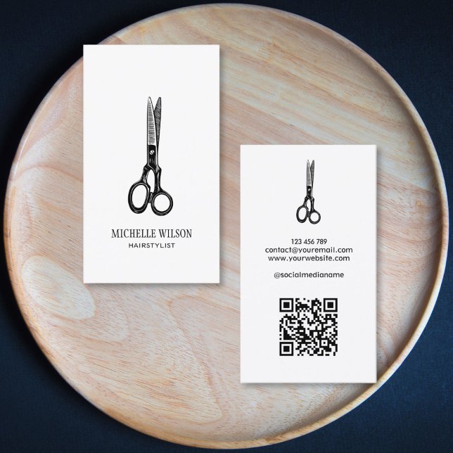 Simple Minimalist QR Code Hair Stylist Scissors Business Card (black doodle hand drawn scissors hair stylist logo)