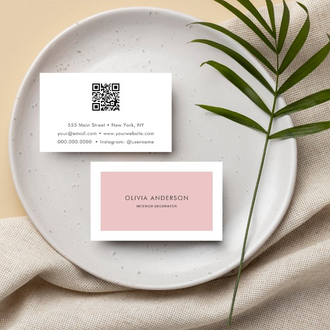 Simple Minimalist QR Code Pale Pink Modern Stylish Business Card (simple minimalist business card)