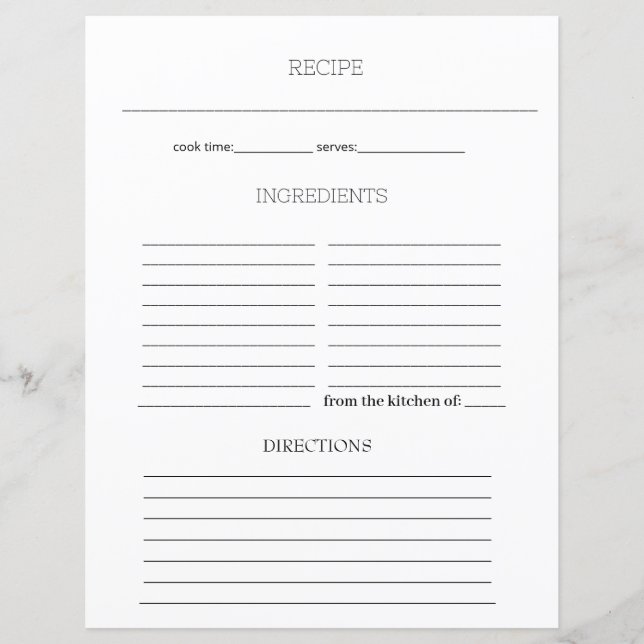 Simple Minimalist Recipe Cookbook Sheet Page  (Front)