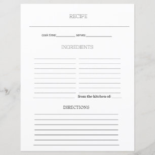 Simple Minimalist Recipe Cookbook Sheet Page 